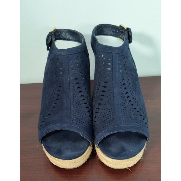 Liz Claiborne Suede Espadrille Sandals Size 9 Blue 3" Wedge Sling Back Open Toe - Picture 8 of 12